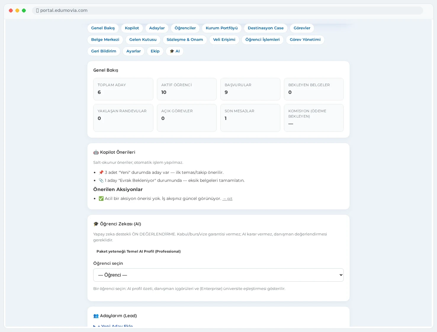 EDUMOVIA — Öğrenci ve veli aynı süreci şeffaf görür: Aynı platformun portal yüzünde öğrenci işlemleri, veli erişimi, yaklaşan randevular ve mesajlar yer alır; öğrenci "sürecim kontrol altında" hissini yaşar. (EDUMOVIA · demo verisi)