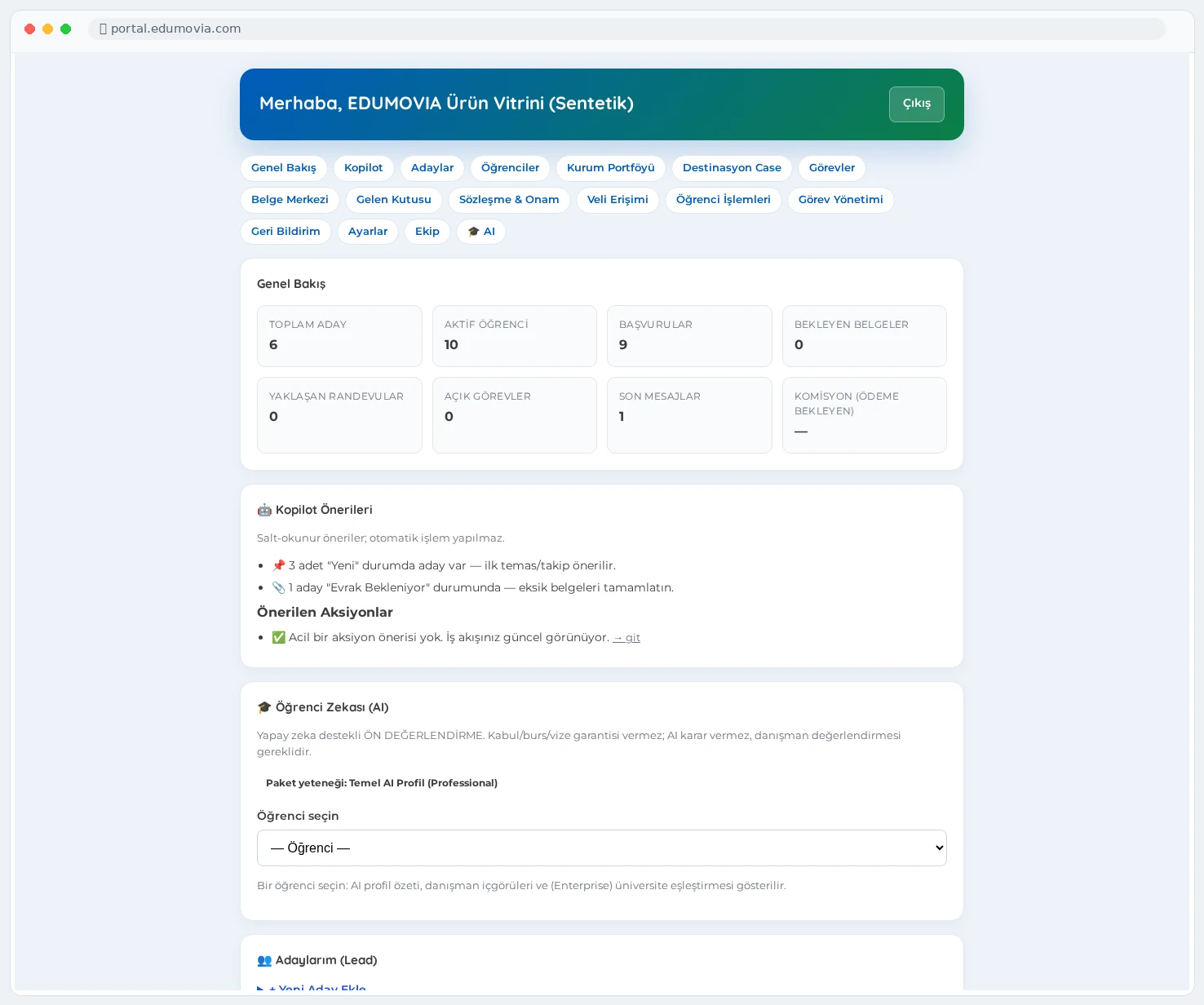 Partner and student experience — EDUMOVIA product interface · synthetic demo data